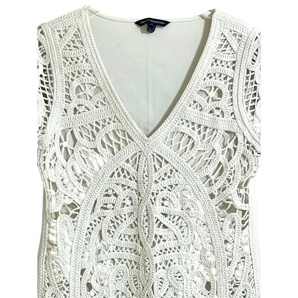French Connection White Crochet Embroidery Mini Short Dress V Neck Sz 10 L - Picture 7 of 16